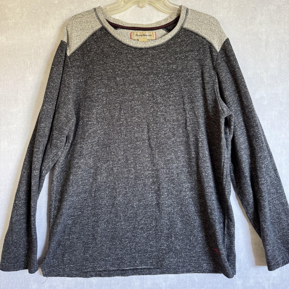 Tommy Bahama Sweater Mens Large Gray Heather Crewneck Pullover Contrast Shoulder